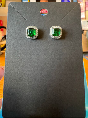 Green & Silver Moissanite Emerald Cut Stud Earrings - Brand New